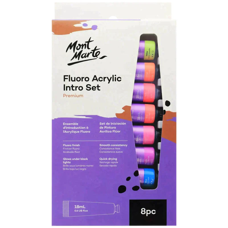 Mont Marte Fluro Glow In The Dark Acrylic Paint Intro Set 8 x 18ml - PMFL8181 Mont Marte Fluro Glow In The Dark Acrylic Paint Intro Set 8 x 18ml - PMFL8181