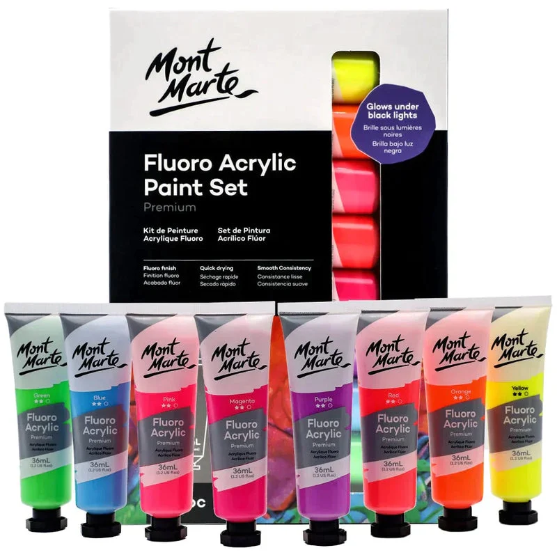 Mont Marte Premium Paint Set - Fluoro Acrylic Paint 8pc x 36ml - PMFL8361 Mont Marte Premium Paint Set - Fluoro Acrylic Paint 8pc x 36ml - PMFL8361